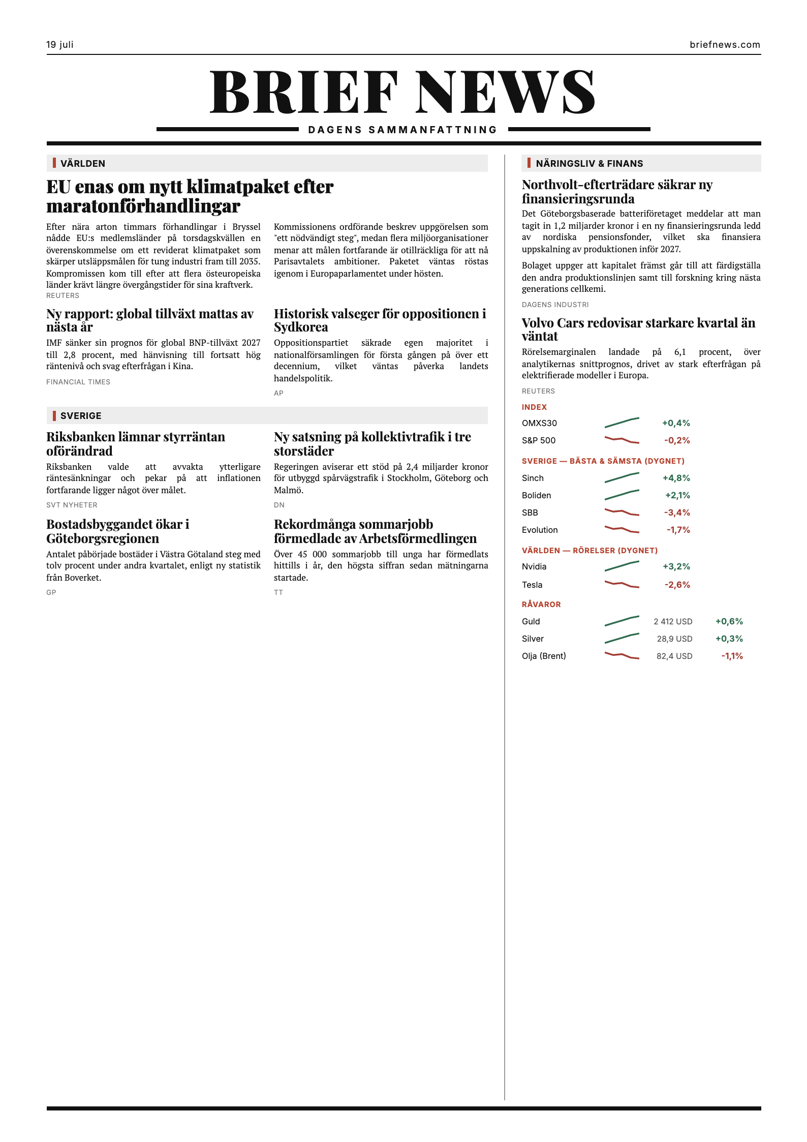 Exempel på Brief News förstasida